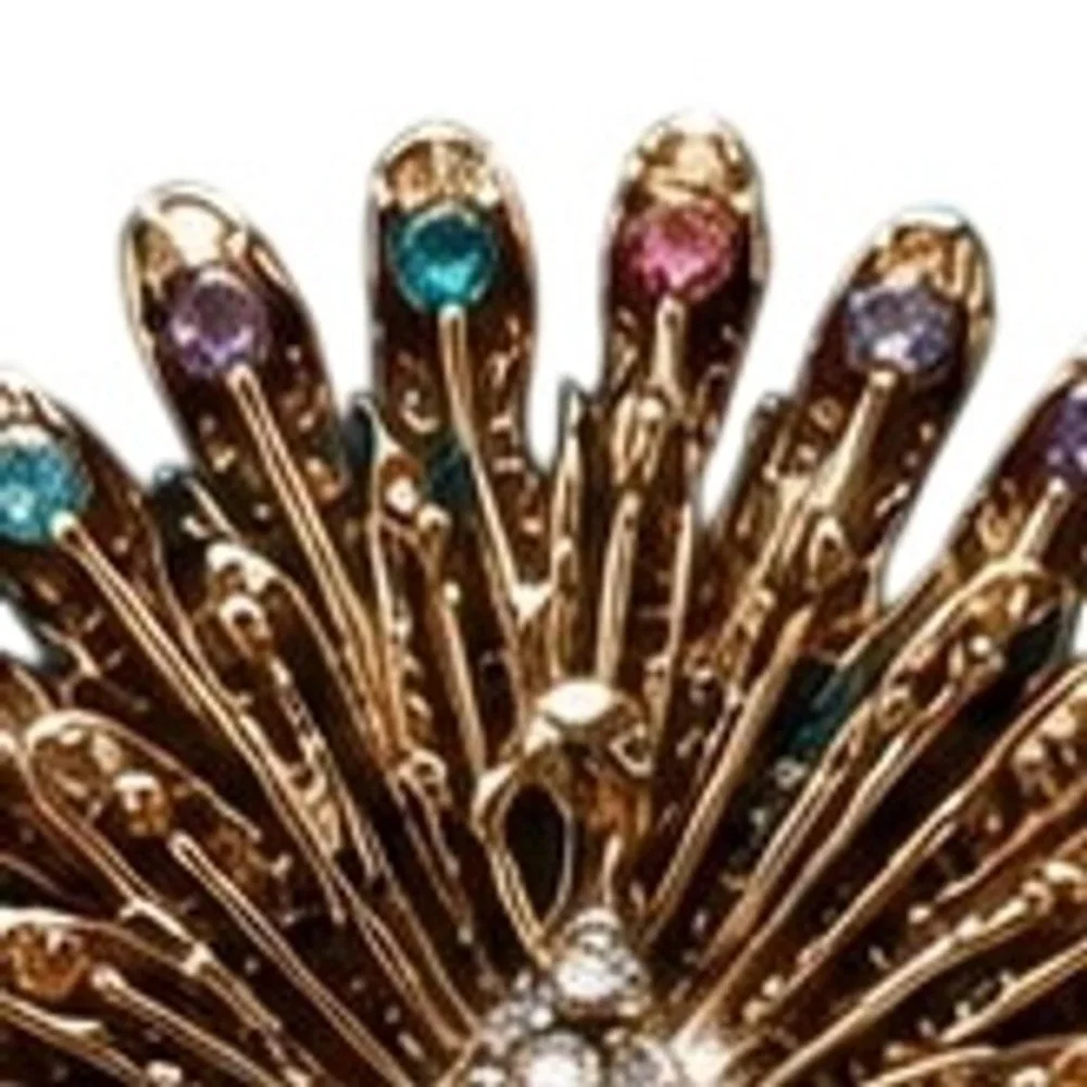 Peacock & Flower Double Chain Brooch   Pin Multi Colored Crystal Accents